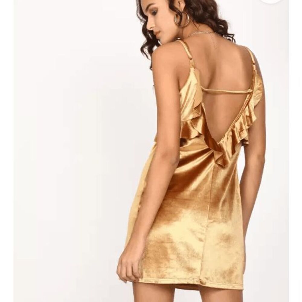 NWT Honey Belle Velour Gold Mini Party Dress Ruffles Strappy Stretchy Size Small